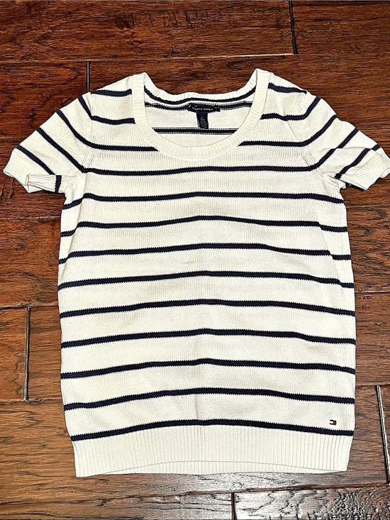 Tommy Hilfiger Sweaters - Tommy Hilfiger Striped Short Sleeve Knit Sweater - Cream & Navy XS